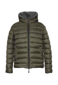 Giacca a vento imbottita verde oliva con trapuntatura orizzontale, zip frontale, tasche laterali, maniche lunghe e cappuccio attaccato con rivestimento grigio scuro.