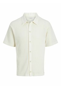 Korte mouw, crèmekleurig gebreid shirt met een knoopsluiting aan de voorkant, voorzien van horizontale strepen en een klassieke kraag.