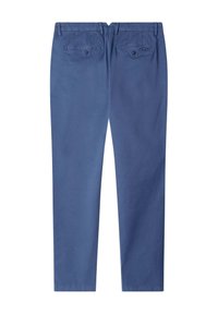 Pantalones de algodón azul con un diseño de pierna recta, que cuentan con dos bolsillos traseros con botones y una textura suave.