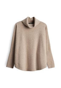 Beige Pullover mit langen Ärmeln, locker geschnitten und mit weitem Rollkragen, vor einem weißen Hintergrund präsentiert.