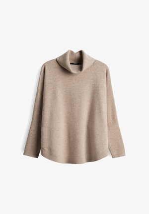 Beige Pullover mit langen Ärmeln, locker geschnitten und mit weitem Rollkragen, vor einem weißen Hintergrund präsentiert.