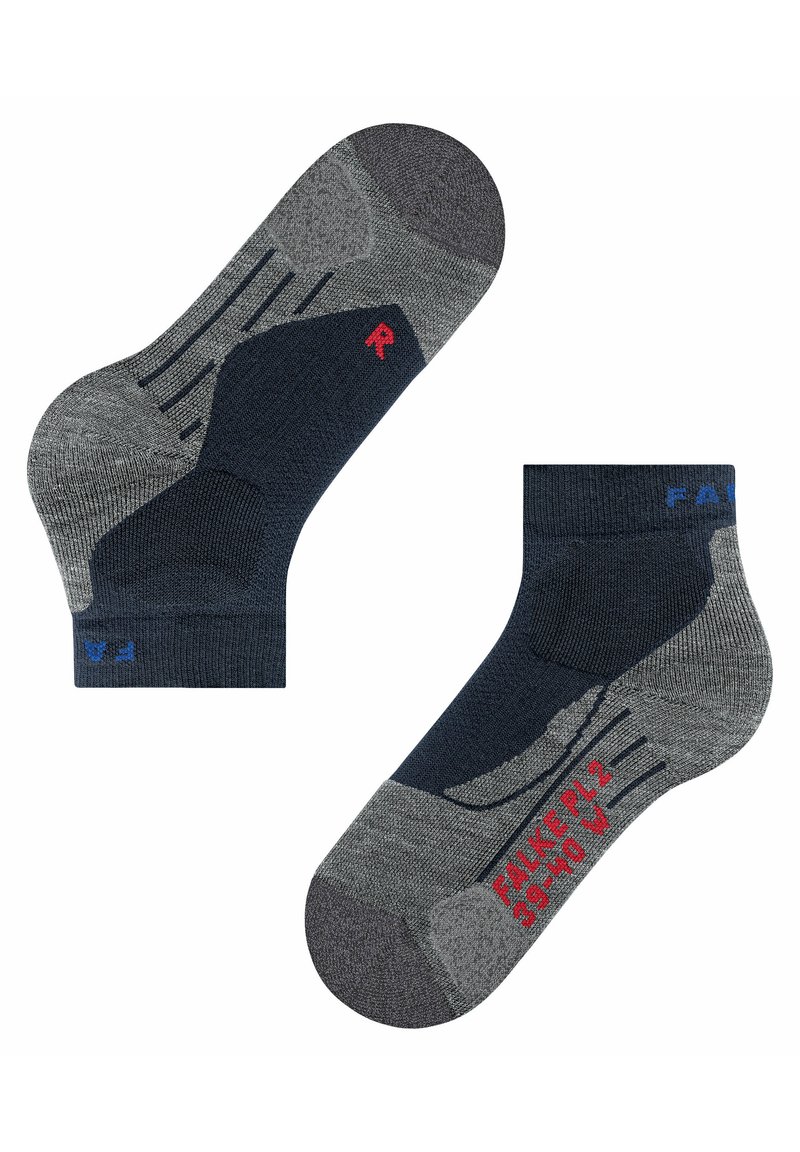 Skarpety sięgające kostki w odcieniach granatu i szarości, z teksturowanym materiałem, wzmocnionym piętą oraz czerwono-niebieskim napisem wskazującym rozmiar i markę.