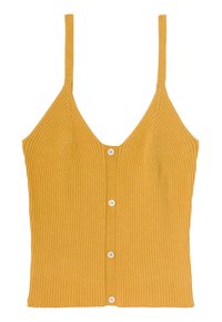 Débardeur côtelé de couleur jaune moutarde avec des fines bretelles réglables et une fermeture à boutons sur le devant, mettant en avant un décolleté en V et un tissu texturé.