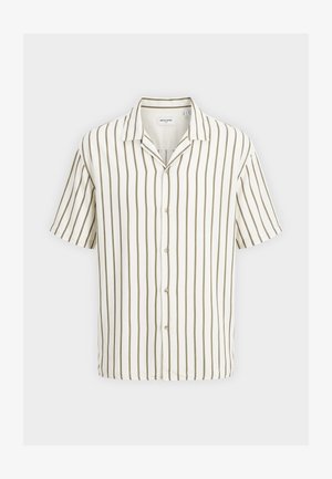 Kortærmet skjorte med knapper og lodrette beige striber på hvid baggrund og en afslappet krave.