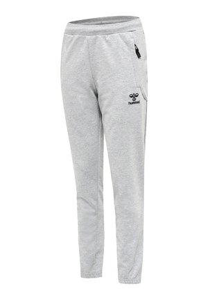 Grå sweatpants lavet af blødt stof, med en tapered design, elastisk talje, sidelommer og et sort logo på låret.