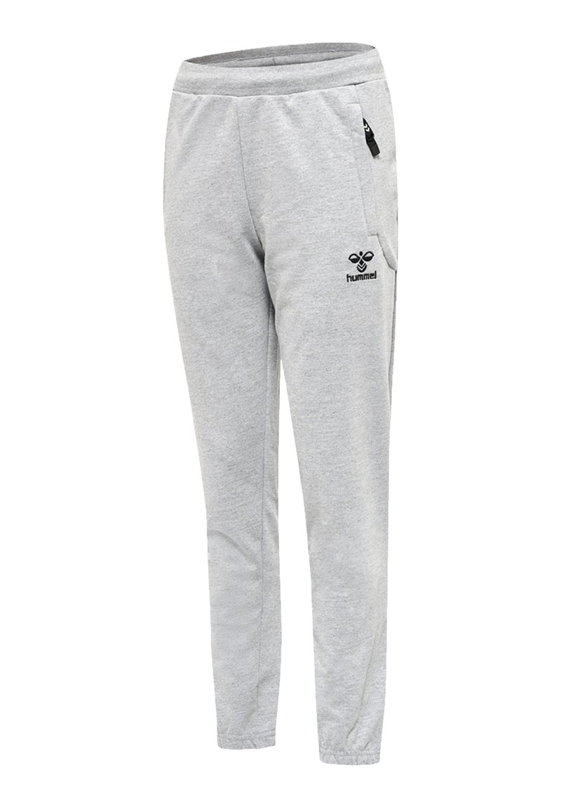 Grijze sweatpants van zacht materiaal, met een taps toelopend ontwerp, een elastische tailleband, zijzakken en een zwart logo op de dij.