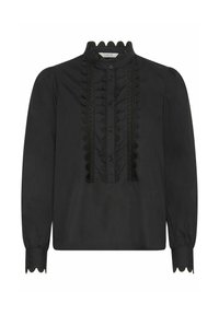 Black blouse with a high collar, scalloped detailing, button front, long sleeves, and textured trim along the placket and cuffs.