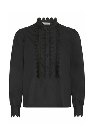 Svart blus med hög krage, vågiga detaljer, knappfront, långa ärmar och texturerad trim längs knäppningen och manschetterna.