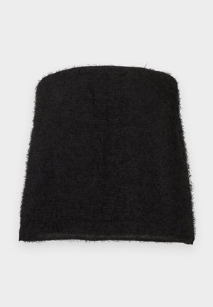 Sort, fluffet tubeskørt med lige kant, vist fladt på en hvid baggrund.