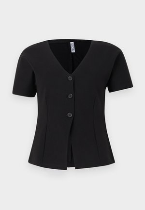 Μαύρο κοντομάνικο μπλουζάκι με λαιμόκοψη σε σχήμα V, τρία κουμπιά μπροστά και ελαφρώς φαρδύ τελείωμα.