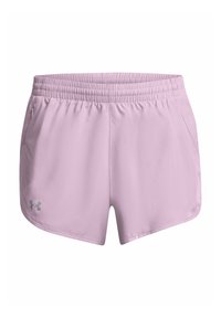Ljust rosa sportshorts med elastisk midja. Funktioner inkluderar sidofickor och en liten grå logotyp på vänster ben. Slät textur.