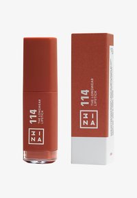 Longwear lipstick in a matte terracotta container with a clear base. Accompanied by a matching cardboard box featuring white text.