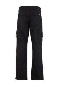 Svarta cargobyxor av slitstarkt tyg, med flera fickor, rak bendesign och midja med bälteshällor.