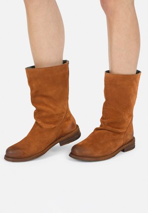 Stivali alti in suede marrone con design slouch, punte arrotondate e tacco in legno marrone. La texture è morbida con dettagli hardware minimi.