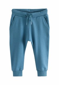 Blauwe joggers met elastische tailleband, koord en ribgebreide manchetten. Heeft zijzakken en een soepele textuur.