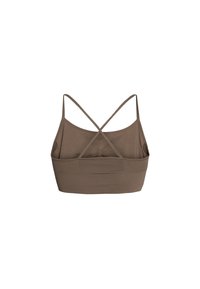 Top bralette corto marrone con spalline incrociate, texture liscia e design aderente. Senza imbottitura; presenta un dettaglio arricciato sul retro.