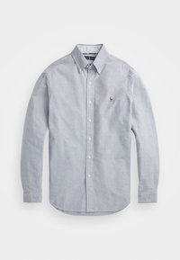 Camicia azzurra chiara, con maniche lunghe, colletto, realizzata in cotone con una texture liscia. Presenta un piccolo logo ricamato sul petto.