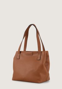 Brown leather tote bag with a textured finish, featuring two sturdy shoulder straps and a rectangular shape, accented by black trim.