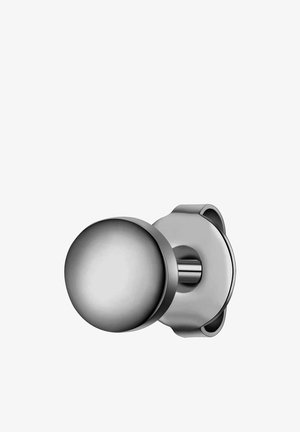 Rund dørknop i rustfrit stål med børstet finish, monteret på en slank, cirkulær bund. Glat tekstur, minimalistisk design.