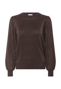 Pruun sädelev pullover-sviiter ribatud varrukatega ja ümar kaelus. Pehme tekstuur, millel on sädelevaid aktsente üle kogu pinnase. Ainulaadselt kujundatud siluett.