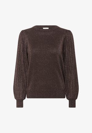 Pull en laine brun pailleté avec des manches côtelées et un col rond. Texture douce avec des accents scintillants. Silhouette au design unique.