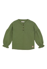 Groene lange mouwen top met textuur, drie knopen aan de voorkant, geplooide pofmouwen en een klein roze merklabel bij de zoom.