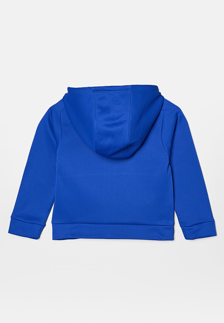 Felpa blu, realizzata in tessuto liscio, presenta un grande cappuccio, maniche lunghe e polsini e fondo a costine. Design semplice senza decorazioni.