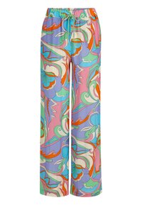 Wijde broek met een kleurrijk draaiend bloemenpatroon in paars, roze, groen, oranje en blauw, met een koord in de taille.