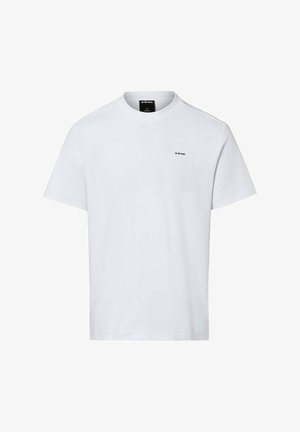 Weißes T-Shirt mit kurzen Ärmeln und Rundhalsausschnitt, mit kleinem schwarzem "G-STAR"-Logo auf der linken Brust.