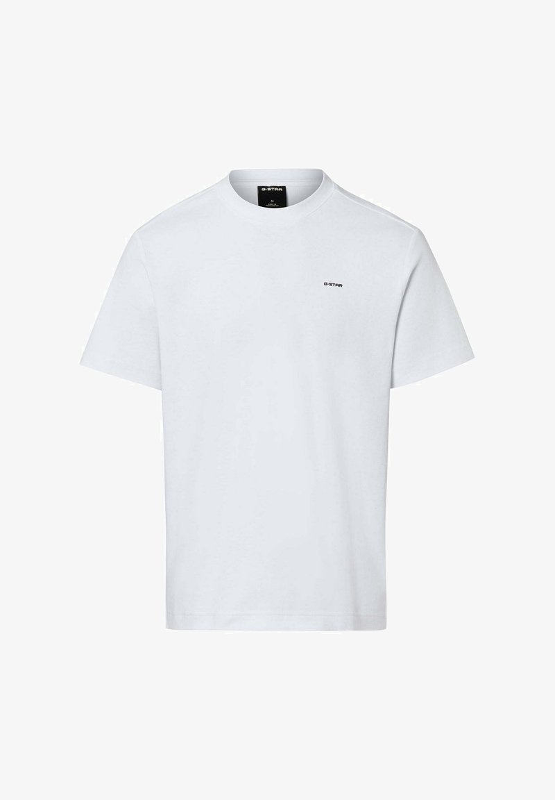 T-shirt blanc à manches courtes et col rond avec petit logo noir "G-STAR" sur le côté gauche de la poitrine.