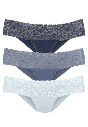 Three pairs of panties; colors: dark navy, light gray, and pale blue. Each features a floral lace waistband and a smooth fabric body.