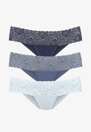Three pairs of panties; colors: dark navy, light gray, and pale blue. Each features a floral lace waistband and a smooth fabric body.