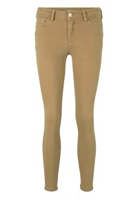 Jeans ajustados color beige claro hechos de tela elástica, con cierre de cremallera y botón, cinco bolsillos y detalles de costura mínimos.