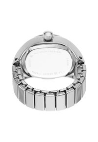 Armbanduhr aus Edelstahl mit polierter Silberoberfläche, rechteckigem Gliederarmband und einer Krone oben. Rückseite mit Herstellerangaben versehen.