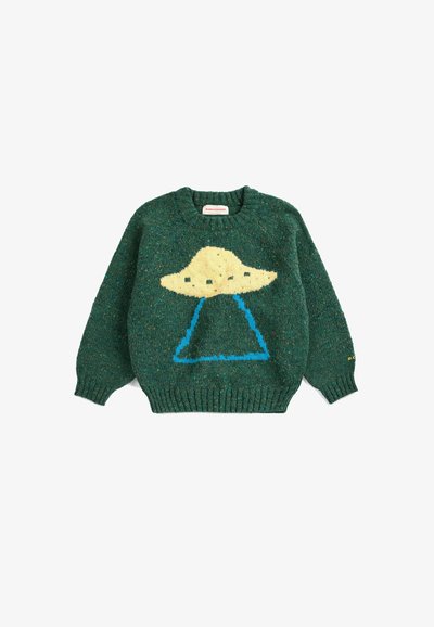 Pull tricoté vert foncé avec un motif d’OVNI jaune et un faisceau lumineux bleu sur le devant.