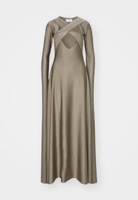 Maxi-jurk in olijfgroen satijn met lange mouwen, voorzien van een diepe uitsnijding bij de hals en een gedraaide taille voor extra detail.