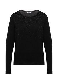 Czarny sweter z długim rękawem i okrągłym dekoltem, udekorowany drobnymi srebrnymi ćwiekami rozmieszczonymi na górnej części klatki piersiowej i ramionach.
