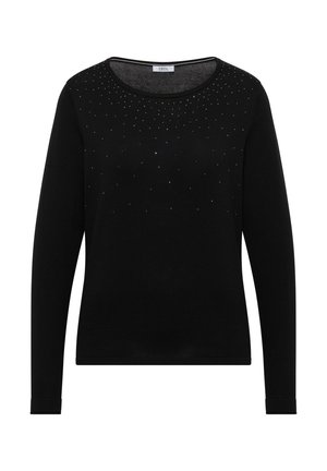 Maglione nero a maniche lunghe con scollatura rotonda e piccoli strass argentati sparsi che decorano la parte superiore del petto e le spalle.