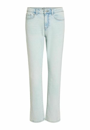 Hellblaue Straight-Leg-Jeans aus Denim mit vorderem Knopf, Reißverschluss, Gürtelschlaufen und Fünf-Taschen-Stil.