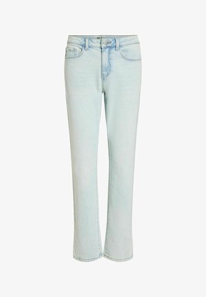 Jeans denim azzurri a gamba dritta con bottone frontale, cerniera, passanti per cintura e cinque tasche.