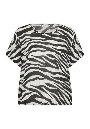 Haut à manches courtes rayé noir et blanc avec un col rond, fabriqué en tissu léger, offrant un drapé facile et une coupe décontractée.