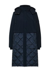 Piumino blu navy con silhouette lunga, dotato di parte superiore liscia e sezione inferiore trapuntata, cappuccio regolabile e tasche con zip.