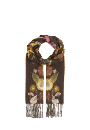 Brauner Schal mit mehrfarbigen Blumenmustern und Fransen an den Enden, gefaltet mit sichtbarem Markenlabel in einer Ecke.