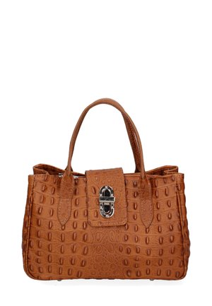 Braune, strukturierte Handtasche aus Kunstleder mit Krokodilprägung, ausgestattet mit einem silbernen Verschluss und zwei stabilen Griffen. Rechteckige Form mit einem klaren Design.