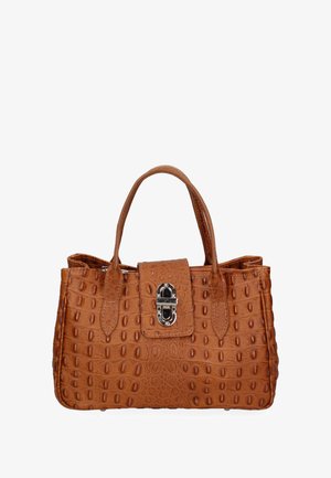 Borsa a mano in finta pelle marrone, con texture e motivo coccodrillo, dotata di una chiusura in argento e due manici robusti. Forma rettangolare con un design strutturato.