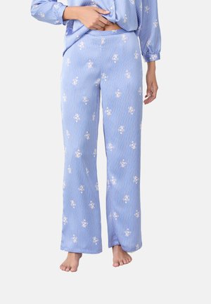 Light blue pajama pants with vertical stripes, white floral patterns, and a relaxed fit. Made from soft fabric, featuring an elastic waistband.