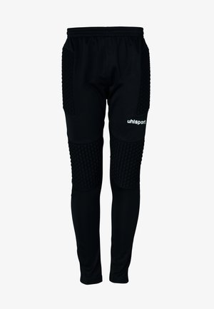 Pantalons de sport noirs avec coussinets texturés aux genoux, taille élastique et poches latérales. Présente un logo sur la cuisse gauche. Tissu lisse.