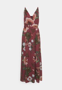 Maxiklänning i vinröd med blommönster som har rosa och blå blommor. V-ringning, justerbara band och en knytning i midjan. Slät tyg.