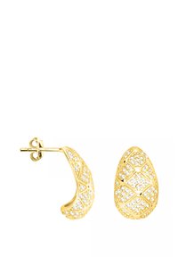 Guldörhängen med en texturerad, böjd design. Utsmyckade med gnistrande klara kristaller i ett diamanter mönster. Har en post-fäste.