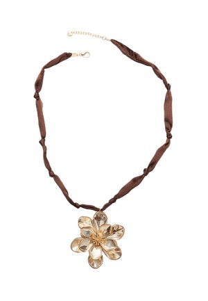 Brown satin necklace with a large, gold-tone floral pendant featuring translucent petals and a textured center.